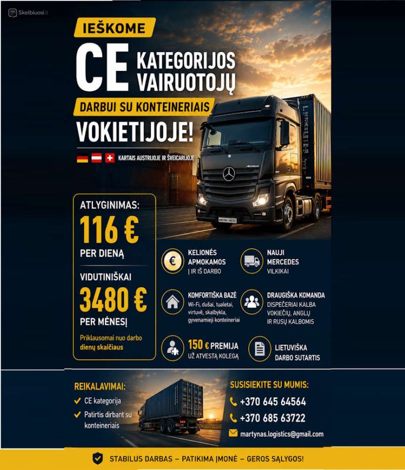 Darbas Vokietijoje! CE kategorijos vairuotojai darbui su konteineriais 